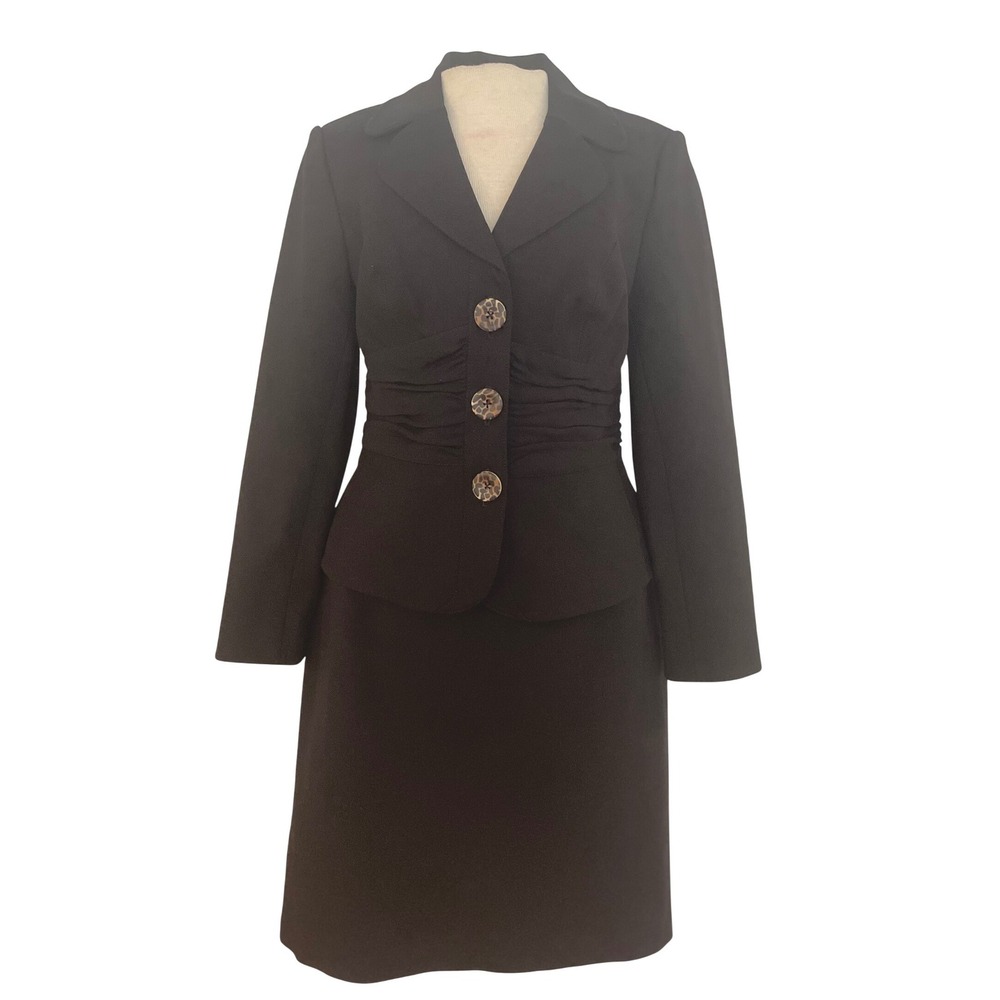 Kay Unger Skirt Suit Womens 12P Jacket 10 Skirt Black Ruched Blazer Pencil Skirt